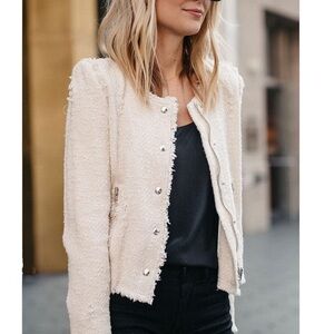 IRO Agnette Cream Textured Tweed Distressed Jacket Silver Buttons Size 1 2 XS S